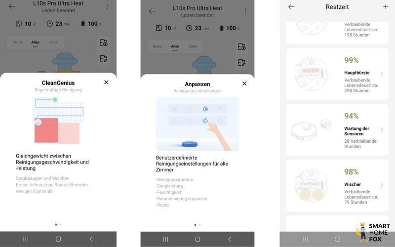 Texte und Bilder zur Erklärung von Funktionen sind in der Dreame L10s Pro Ultra Heat App zu sehen.